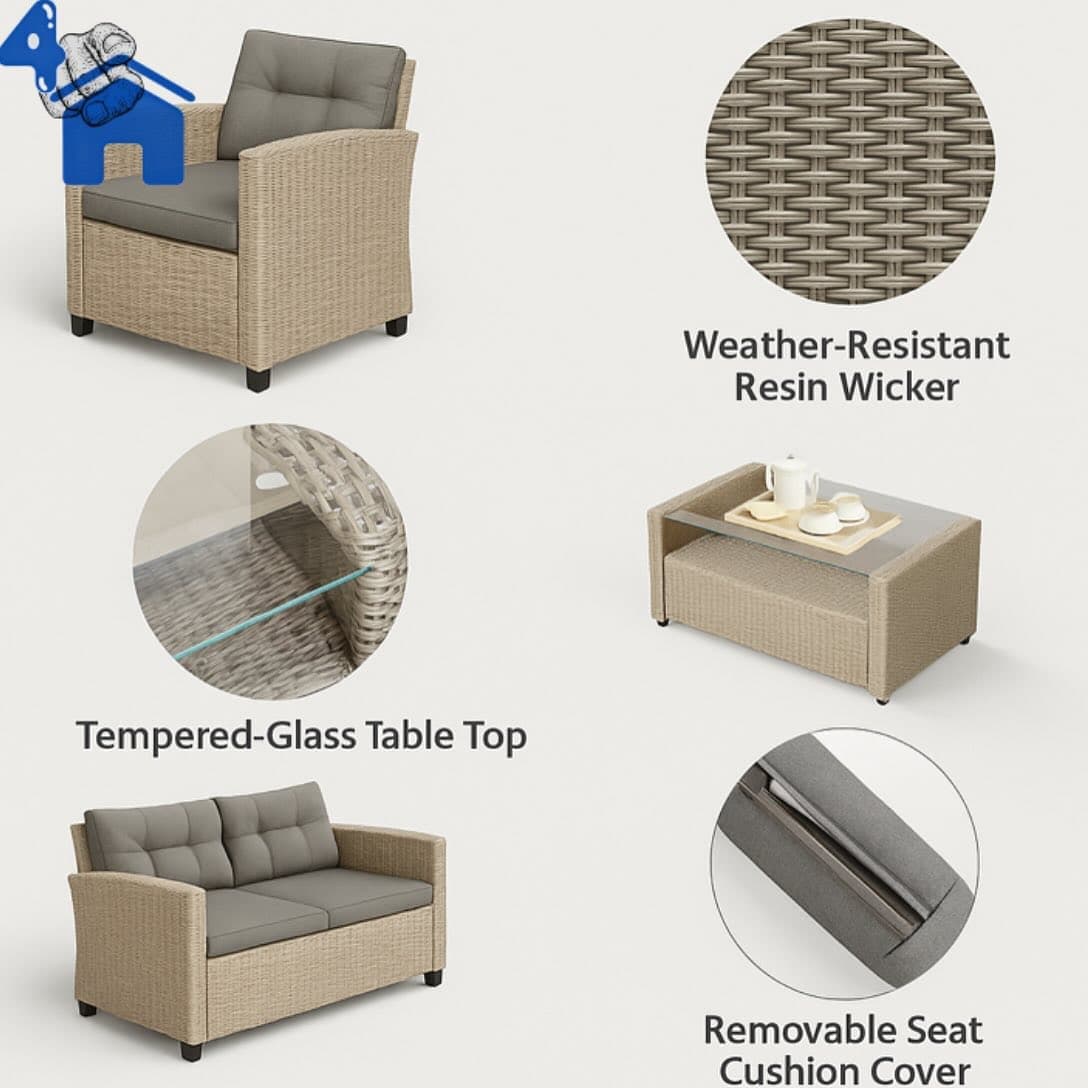 Jett 4-Person Wicker Outdoor Sofa Seating Group with Glass-Top Table — photo 4 of 8